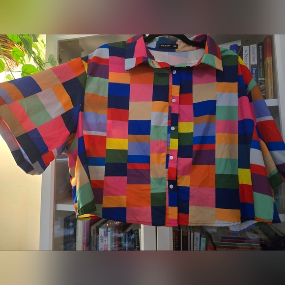 Colourful Checkered/Plaid Button-Up Short Sleeve Shirt with Collar - Picture 4 of 11